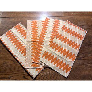 Set Of 4 Vintage Cotton Napkins With Orange & Beige Geometric Pattern - 15"x15"